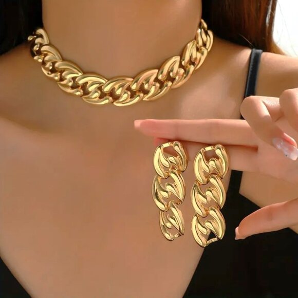 Necklace & Earrings Chunky Choker Bold 3pc Hollywood Glam Elegant Statement NEW - Picture 2 of 4